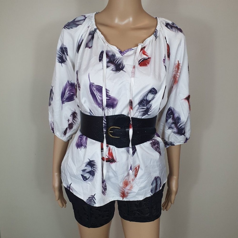 NWOT 10-12 Women's silky satin Blouse Feather Print white Loose Top boho - Picture 3 of 6
